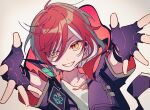  1boy 4_(nakajima4423) aqua_hair black_gloves black_jacket ensemble_stars! fingerless_gloves gloves jacket long_sleeves looking_at_viewer male_focus multicolored_hair red_hair sakasaki_natsume shirt short_hair_with_long_locks sketch smile solo teeth torn_clothes torn_shirt white_background white_hair white_shirt yellow_eyes 