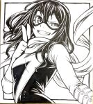  1girl animification breasts chiba_toshirou commentary_request domino_mask elbow_gloves gloves greyscale grin half-closed_eye highres kamala_khan marker_(medium) marvel mask monochrome ms._marvel scarf small_breasts smile solo superhero traditional_media upper_body v 