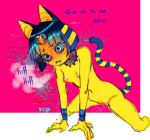  1girl all_fours animal_crossing animal_ears ankha_(animal_crossing) artist_name biting blonde_hair blue_eyes blue_hair blush bob_cut body_fur breasts breath cat_ears cat_girl cat_tail closed_mouth colored_sclera commentary completely_nude drooling egyptian english_commentary english_text fang fang_out full-face_blush furry furry_female groin hair_ornament heavy_breathing hoesmadder in_heat leaning_forward lip_biting multicolored_eyes multicolored_hair navel nipples nude pink_background pink_sclera pussy pussy_juice raised_eyebrows ringed_eyes saliva short_hair sidelocks signature sketch small_breasts snake_hair_ornament solo striped_tail sweat tail tail_raised talking tears thighs two-tone_hair uncensored usekh_collar wide-eyed yellow_eyes yellow_fur 