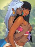  2girls atlantis:_the_lost_empire bare_shoulders black_hair blue_eyes blue_skirt blunt_bangs breasts breasts_out brown_eyes brown_lips brown_nails chel_(the_road_to_el_dorado) cinnabarbie crossover dark-skinned_female dark_nipples dark_skin earrings facial_tattoo fingernails grabbing grabbing_another&#039;s_breast grabbing_from_behind grey_hair hair_intakes highres jewelry kidagakash loincloth long_hair mayan_clothes medium_breasts midriff multiple_girls nipples pink_tube_top skirt straight_hair tattoo the_road_to_el_dorado tube_top_pull yuri 