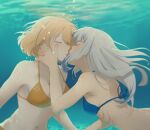  2girls absurdres air_bubble back bikini blonde_hair blue_bikini blue_hair blush breasts bubble closed_eyes face-to-face gawr_gura grey_hair gygerbeen_rtl06 hand_on_another&#039;s_cheek hand_on_another&#039;s_face highres hololive hololive_english imminent_kiss large_breasts long_hair multicolored_hair multiple_girls navel nose_blush ocean orange_bikini parted_lips short_hair small_breasts streaked_hair submerged swimsuit underwater watson_amelia yuri 