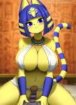  animal_crossing ankha_(animal_crossing) anthro big_breasts blush breasts cleavage clothed clothing domestic_cat faroula_twitt felid feline felis female fur hi_res mammal nintendo no_underwear yellow_body yellow_fur 