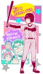  1girl 3boys atsushi_(osomatsu-san) baseball_bat baseball_helmet baseball_uniform black_gloves english_text glasses gloves hands_on_own_hips helmet iwase_(osomatsu-san) male_focus mikado_(jokeraj) multiple_boys osomatsu-san osomatsu-san_the_movie own_hands_clasped own_hands_together pastel_colors smile sportswear star_(symbol) sweatdrop uchikawa_(osomatsu-san) wavy_mouth yanagita_(osomatsu-san) 