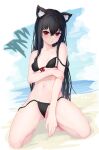  1girl :3 animal_ear_fluff animal_ears bikini black_bikini black_hair breasts cat_ears cat_girl full_body highres indie_virtual_youtuber kneeling light_smile looking_at_viewer navel red_eyes shibanme_tekikumo small_breasts stomach strap_slip swimsuit untied_bikini xingye 