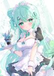  1girl angel_wings blush breasts cleavage closed_mouth green_eyes green_hair highres holding holding_tray large_breasts long_hair looking_at_viewer maid maid_headdress mikaze_oto original puffy_short_sleeves puffy_sleeves short_sleeves solo thighhighs tray white_thighhighs wings wrist_cuffs 