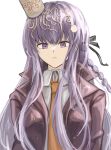  1girl black_jacket black_ribbon braid closed_mouth collared_shirt cup_ramen_on_head danganronpa:_trigger_happy_havoc danganronpa_(series) expressionless food food_on_head gloves grey_shirt hair_ribbon highres iwano_(iwanohiroko) jacket kirigiri_kyoko long_hair looking_at_viewer necktie object_on_head open_clothes open_jacket orange_necktie purple_eyes ribbon shirt side_braid simple_background solo upper_body white_background 