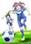  2girls absurdres artist_name ball blue_shirt blue_shorts blue_socks blurry blurry_foreground brown_hair cleats commentary dated day delicious_party_precure depth_of_field frown grass green_eyes green_hair hair_ribbon highres long_hair looking_at_another looking_at_viewer medium_hair midorikawa_nao multiple_girls nagomi_yui open_mouth outdoors parted_lips pink_ribbon ponytail precure purple_eyes ribbon running satou_yasu series_connection shin_guards shirt short_sleeves shorts signature smile_precure! soccer soccer_ball soccer_uniform socks sportswear standing two_side_up v-shaped_eyebrows white_footwear white_shirt yellow_footwear yellow_ribbon 