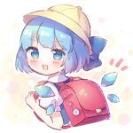  1girl backpack bag blue_dress blue_eyes blue_hair blush cirno detached_wings dress fairy hat ice ice_wings open_mouth pjrmhm_coa puffy_short_sleeves puffy_sleeves randoseru school_hat shirt short_hair short_sleeves smile solo touhou white_shirt wings yellow_headwear 