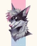  absurd_res ambiguous_gender anthro black_body black_fur blue_eyes canid cheek_tuft dipstick_ears facial_tuft fangs fur glistening glistening_eyes grin hair hi_res inner_ear_fluff mammal marie_merkh multicolored_ears multicolored_hair neck_tuft pink_hair pink_nose short_hair simple_background smile solo teeth tuft two_tone_hair white_body white_fur white_hair white_inner_ear_fluff 