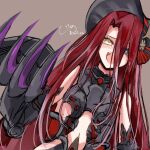  1girl bare_shoulders black_headwear bonnet breasts claw_(weapon) claws fate/grand_order fate_(series) grey_eyes hair_between_eyes heterochromia long_hair looking_at_viewer red_hair small_breasts smile solo tsuyuri_(5/7) typhon_ephemeros_(fate) very_long_hair weapon yellow_eyes 