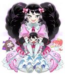  4girls :d angel_and_devil between_legs black_hair blue_eyes blunt_bangs blush bow brown_hair chibi chibi_inset closed_eyes commentary_request demon_wings doll_joints dress drill_hair dual_persona elbow_gloves fang fangs full_body garuru_(pripara) gloves grey_eyes hair_bow halo hand_between_legs headphones joints kurosu_aroma long_hair looking_at_viewer mechanical_legs mini_person minigirl moudoku_(decopon3rd) multiple_girls open_mouth pink_bow pink_dress ponytail pretty_(series) pripara puffy_short_sleeves puffy_sleeves red_hair shiratama_mikan short_sleeves sidelocks sitting smile tongue tongue_out twin_drills v_arms very_long_hair wariza white_bow white_gloves wings yellow_halo 