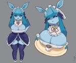  &lt;3 2023 anthro anthrofied artist_name beverage big_breasts black_nose blue_body blue_eyes blue_fur blue_inner_ear blush breasts breasts_on_tray clothed clothing coffee coffee_cup container cross-popping_vein cup digital_media_(artwork) dipstick_ears dipstick_tail eeveelution eyelashes female fingers front_view fur generation_4_pokemon glaceon grey_background hi_res holding_object holding_tray huge_breasts legwear looking_at_viewer maid_headdress maid_uniform markings multicolored_body multicolored_clothing multicolored_ears multicolored_fur nintendo open_mouth open_smile pokemon pokemon_(species) pokemorph pupils serving_tray shirt_cuffs simple_background smile solo tail tail_markings thigh_gap thigh_highs tray two_tone_body two_tone_fur uniform white_pupils wozzu1 