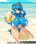  1girl beach beer_mug blue_eyes blue_footwear blue_hair blue_shirt blue_sky blush_stickers boots breasts cloud covered_nipples cup dated g-string gloves hairband highleg highleg_panties holding holding_cup huge_breasts impossible_clothes impossible_shirt in_water kneeling long_hair mug navel ocean one_eye_closed open_mouth original panties pixel_art sand shirt sidelocks sky sleeveless sleeveless_turtleneck solo tecna thick_eyebrows thick_thighs thighs thong turtleneck twitter_username underwear warrior waves wet yumura_kino 