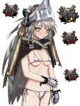  1girl acid_originium_slug_(arknights) arknights bikini black_cloak blush character_request cloak closed_mouth cowboy_shot embarrassed fartooth_(arknights) feather_hair frown gauntlets green_ribbon grey_hair groin hair_ribbon highres holding_own_arm hood hood_down inset long_hair looking_at_viewer micro_bikini nose_blush orrdriver recurring_image red_ribbon ribbon sideways_glance silver_bikini simple_background solo swimsuit thick_eyebrows torn_clothes visor_(armor) white_background white_eyes white_ribbon yellow_eyes 