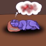  1:1 balls cuddlybloodily drop_shadow eyes_closed feral fluffy_pony fluffy_pony_(species) fur genitals hi_res male mammal penis pillow purple_body purple_fur simple_background solo thought_bubble 