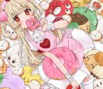  &gt;_&lt; 1girl apron armband bandaged_wrist bandages blonde_hair blush center_frills collared_dress commentary_request doughnut dress eating flag food frills hachimiya_mumu hair_ornament hat heart heart_print highres holding holding_food long_hair looking_at_viewer natori_sana nurse_cap open_mouth outline pink_apron pink_headwear puffy_short_sleeves puffy_sleeves rabbit_hair_ornament red_armband red_eyes safety_pin sana_channel short_sleeves solo sparkle sparkling_eyes thighhighs two_side_up virtual_youtuber white_dress white_outline white_thighhighs 