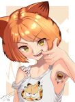  1girl absurdres animal_ears cat_ears cat_girl cheek_pull eriott extra_eyes extra_mouth fangs garfield highres looking_at_viewer monster_girl orange_hair original print_tank_top sharp_teeth short_hair solo tank_top teeth upper_body yellow_eyes 