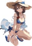  1girl barefoot bikini blue_bikini blue_eyes blush braid breasts brown_hair brown_headwear cleavage closed_mouth full_body hair_between_eyes hat jacket kantai_collection kujou_ichiso large_breasts long_hair looking_at_viewer official_art open_clothes open_jacket sandals shigure_(kancolle) shigure_kai_san_(kancolle) single_braid solo straw_hat swimsuit thigh_strap torn_jacket transparent_background white_jacket 