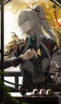  1boy animal_on_shoulder armor bird bird_on_shoulder bishounen chinese_clothes closed_mouth facing_to_the_side hair_over_one_eye hair_ribbon high_ponytail highres holding honkai:_star_rail honkai_(series) jing_yuan long_hair long_sleeves looking_to_the_side male_focus mole mole_under_eye one_eye_covered ponytail red_ribbon ribbon shoulder_armor sjamki smile solo upper_body white_hair wind_chime yellow_eyes 