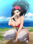  1girl arm_between_legs artist_name backwards_hat baseball_cap beach between_legs bikini black_hair blue_shorts blue_sky blush boku_no_hero_academia breasts cloud collarbone cum cum_on_body cum_on_breasts cum_on_clothes cum_on_hands cum_on_legs full_body hair_pulled_back hand_between_legs hand_up hat highleg highleg_panties highres horizon itskawer large_breasts licking licking_cum licking_finger licking_hand long_hair micro_bikini multiple_girls nipples outdoors panties ponytail red_bikini red_footwear red_headwear shoes shorts signature sky sneakers solo squatting swimsuit thighhighs twintails undersized_breast_cup underwear white_thighhighs yaoyorozu_momo 