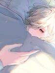 1boy blanket blonde_hair blush closed_mouth covering_mouth genshin_impact grey_background hair_over_one_eye highres hugging_object kisaragi_(kisaraggg_27) looking_at_viewer lyney_(genshin_impact) male_focus multicolored_background one_eye_covered pillow pillow_hug purple_eyes short_hair solo under_covers white_background 