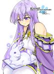  1girl animal_on_lap bare_shoulders book breasts cape circlet dress fire_emblem fire_emblem:_genealogy_of_the_holy_war jewelry julia_(fire_emblem) long_hair looking_down on_lap purple_eyes purple_hair rabbit sitting smile snow_rabbit solo wide_sleeves yukia_(firstaid0) 