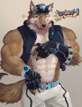  2023 abs absurd_res anthro armor armwear belt biceps blep blush bottomwear brown_body brown_fur canid canine canis clock clothing deltoids ear_piercing ear_ring ear_stud elbow_gloves english_text epic_games fingerless_gloves flexor_carpi fortnite fur gloves hand_on_belt handwear headgear hi_res male mammal mining_helmet multicolored_body multicolored_fur navel one_eye_closed pecs piercing pointy_speech_bubble ring_piercing shorts solo sparkles speech_bubble taetae text tongue tongue_out topwear triceps two_tone_body two_tone_fur vest watch wendell_(fortnite) white_body white_bottomwear white_clothing white_fur white_shorts wink wolf woof_(sound_effect) wristwatch yellow_sclera 