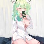  1girl absurdres antlers braid braided_bangs branch breasts cellphone ceres_fauna cleavage earrings flower gradient_hair green_hair green_nails hair_flower hair_ornament highres holocouncil hololive hololive_english jewelry large_breasts long_hair looking_at_viewer mole mole_under_eye multicolored_hair phone qilin_(mythology) revealing_clothes see-through selfie shirt single_earring sitting solo star_(symbol) star_earrings thighs virtual_youtuber white_shirt xsilentred yellow_eyes 