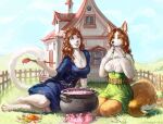  2023 anthro barefoot belt blue_clothing blue_dress breasts brown_body brown_fur brown_hair building canid canine cauldron clothing day detailed_background devergilia digital_media_(artwork) domestic_cat dress duo feet felid feline felis female fence fire fox fur grass hair holding_object house lyubov_(devergilia) mammal open_mouth outside plant sitting smile sponst surprise tail white_body white_fur wooden_fence 