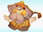  after_transformation alternate_species anthro big_breasts big_ears breasts brown_hair clothing crown dress elephant elephant_daisy elephantid female furrification gloves grey_body grey_skin hair handwear headgear hi_res huge_breasts mammal mario_bros nintendo nipples overweight overweight_anthro overweight_female princess_daisy proboscidean sharkrags solo tail tail_tuft tiara trunk tuft tusks 