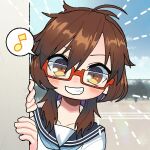  1girl aged_down ahoge avatar_generator blue_neckerchief brown_eyes brown_hair fang glasses grin kuya_(hey36253625) low_twintails musical_note neckerchief outdoors peeking picrew red-framed_eyewear sailor_collar school_uniform serafuku short_twintails smile spoken_musical_note touhou twintails upper_body usami_sumireko wall 