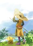  1girl blonde_hair boots commentary_request day fishing_rod from_behind grass hand_up hat long_sleeves marutoko45 outdoors pikachu pokemon pokemon_(creature) pokemon_adventures purple_footwear shirt short_hair sky standing tunic yellow_(pokemon) 