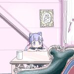  1girl armchair arms_on_table black_skirt black_sleeves blunt_bangs cat_ear_hairband chair commentary_request cup curtains dithering dot_mouth expressionless hair_ribbon indoors jaggy_lines lokulo-chan lokulo_no_mawashimono long_hair looking_to_the_side low_twintails lowres original overexposure picture_frame puffy_short_sleeves puffy_sleeves purple_eyes purple_hair red_ribbon reference_request ribbon short_sleeves sitting skirt solo table twintails wide_shot window 