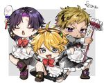  3boys :d :o ahoge alternate_costume apron arm_up black_dress black_footwear black_hair blonde_hair blue_eyes blush boots border bow bowtie chibi closed_eyes collared_dress colored_inner_hair commentary_request crossdressing dress duster earrings enmaided fang footwear_bow frilled_apron frilled_dress frills goggles goggles_on_head grey_background hair_between_eyes highres holding holding_duster holding_mop jewelry jieli kneeling krisis leg_up long_sleeves looking_at_viewer maid maid_apron male_focus mop multicolored_hair multiple_boys nijisanji nijisanji_en on_one_knee open_mouth outside_border outstretched_arms pink_hair purple_bow purple_eyes purple_hair red_bow red_bowtie scar scar_on_cheek scar_on_face scar_on_forehead short_hair simple_background skin_fang sleeve_cuffs smile sparkle spread_arms standing standing_on_one_leg swept_bangs two-tone_hair v-shaped_eyebrows vantacrow_bringer vezalius_bandage virtual_youtuber waist_apron white_apron white_border yellow_bow yu_q._wilson 