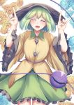  1girl \m/ black_headwear blue_flower blue_rose closed_eyes commentary_request double_\m/ facing_viewer flower frilled_skirt frills green_hair green_skirt highres komeiji_koishi long_sleeves mirufui open_mouth rose shirt short_hair skirt solo third_eye touhou wide_sleeves yellow_flower yellow_rose yellow_shirt 