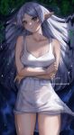  1girl breasts collarbone crossed_arms dress elf frieren from_above green_eyes long_hair looking_at_viewer lying medium_breasts on_back parted_lips partially_submerged pointy_ears signature solo sousou_no_frieren thighs water wei_(promise_0820) wet wet_clothes wet_dress white_dress white_hair 