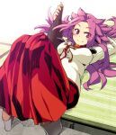  1girl arm_behind_head blouse bottle breasts hakama holding holding_bottle japanese_clothes jun&#039;you_(kancolle) kantai_collection large_breasts long_hair long_sleeves looking_at_viewer lying magatama on_back purple_eyes purple_hair red_hakama shirt solo spiked_hair tatami tsukinami_kousuke very_long_hair 