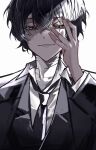  1boy bandaged_neck bandages black_hair black_jacket black_necktie black_suit brown_eyes bungou_stray_dogs dazai_osamu_(bungou_stray_dogs) fingernails half-closed_eyes hand_on_own_face highres jacket looking_at_viewer male_focus necktie simple_background smile solo suit upper_body white_background ya_ta 
