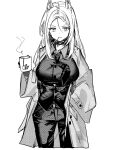  1girl animal_ears blue_archive breasts choker coat cup greyscale hair_strand highres holding holding_cup large_breasts long_hair long_sleeves looking_at_viewer monochrome mouth_hold mug open_clothes pants shirt simple_background solo tsuno_(tnngur) wide_sleeves 