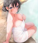  1girl arm_support black_hair blue_eyes blush breasts closed_mouth commentary_request fed_(giba) hair_between_eyes highres holding holding_towel looking_at_viewer medium_breasts naked_towel nude onsen original side_ponytail sitting smile soaking_feet steam towel wet wet_towel 