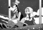  1girl alice_margatroid animal_ears capelet closed_mouth colorfulkitten commentary derivative_work disney dog_ears dress english_commentary frilled_hairband frills gloves goofy greyscale hairband hat long_sleeves monochrome night outdoors pants parody shoes short_hair sitting sky smile star_(sky) starry_sky third-party_source touhou vest wavy_hair 