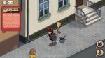  1girl amour_(cloudtrumpets) black_cat black_skirt bow broom cat city fake_screenshot hair_bow highres jiji_(majo_no_takkyuubin) kiki_(majo_no_takkyuubin) majo_no_takkyuubin outdoors radio red_bow red_footwear running signature skirt studio_ghibli video_game witch 