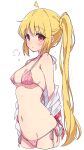  1girl ahoge bikini blonde_hair blush bocchi_the_rock! breasts highres ijichi_nijika long_hair looking_at_viewer medium_breasts mel_(melty_pot) pink_bikini red_eyes side-tie_bikini_bottom side_ponytail simple_background solo swimsuit wet white_background 