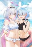  2girls :d arona_(blue_archive) bikini black_bikini black_hairband blue_archive blue_hair blue_sky braid cloud day flat_chest frilled_bikini frills hairband halo heart heart_hands highres long_hair looking_at_viewer multicolored_hair multiple_girls navel noixen ocean open_mouth outdoors pink_hair plana_(blue_archive) short_hair single_braid sky smile swimsuit two-tone_hair very_long_hair white_bikini white_hair white_hairband 