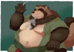  2023 anthro asian_clothing belly big_belly black_nose brown_body canid canine clothing east_asian_clothing hi_res humanoid_hands japanese_clothing kemono male mammal moobs nipples overweight overweight_male raccoon_dog smoking solo tanuki yanununununu 