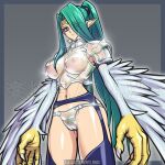  1girl animal_hands armor armored_glass_(yu-gi-oh!) black_thighhighs boobplate breasts circlet claws commentary_request duel_monster feathered_wings feathers female_pubic_hair garter_belt garter_straps green_hair green_pubic_hair grey_background grey_eyes hair_over_one_eye harpie_queen harpy long_hair looking_at_viewer medium_breasts monster_girl navel nipples pauldrons pointy_ears ponytail pubic_hair pussy rindou_akira see-through_armor shoulder_armor solo thighhighs winged_arms wings yu-gi-oh! 