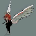  1boy angel_devil_(chainsaw_man) angel_wings black_necktie chainsaw_man closed_mouth grey_background hair_between_eyes halo hands_in_pockets highres long_hair male_focus necktie red_eyes red_hair shirt simple_background solo two_pokemon white_footwear white_shirt white_wings wings 