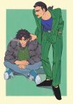  2boys black_eyes black_footwear black_hair black_jacket blue_background blue_footwear blue_pants cigarette closed_mouth collared_shirt commentary_request fingernails full_body gin_to_kin green_jacket green_pants green_sweater hair_slicked_back hand_in_pocket indian_style inudori itou_kaiji jacket kaiji long_sleeves looking_at_another looking_down low_ponytail male_focus medium_bangs morita_tetsuo multiple_boys necktie open_clothes open_jacket open_mouth pants parted_bangs pinstripe_pattern pinstripe_suit scar scar_on_cheek scar_on_face scar_on_hand shirt shoes short_hair sitting smoke smoking sneakers standing striped striped_jacket striped_pants suit sweater vertical-striped_jacket vertical-striped_pants vertical_stripes zipper 