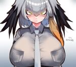  1girl black_hair blush breasts closed_mouth grey_hair grey_shirt hair_between_eyes huge_breasts kemono_friends looking_at_viewer multicolored_hair necktie paundo2 shirt shoebill_(kemono_friends) short_hair solo two-tone_hair upper_body white_necktie yellow_eyes 