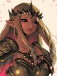  1girl armor artist_name bellhenge blonde_hair blue_eyes breastplate breasts cleavage closed_mouth collarbone commentary diadem english_commentary eyelashes gold_armor gold_diadem hair_ribbon hyrule_warriors lipstick long_hair makeup mascara petals pink_lips princess_zelda ribbon shoulder_pads sidelocks smile solo the_legend_of_zelda upper_body white_background white_ribbon 